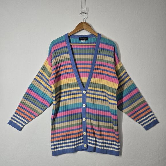 VTG Country Shop Cardigan Sweater Sz S* Multi Rainbow Striped Cotton Union Made - Picture 15 of 15